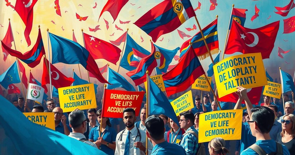 A political rally scene showcasing diverse flags and banners advocating for reform and accountability in Africa.