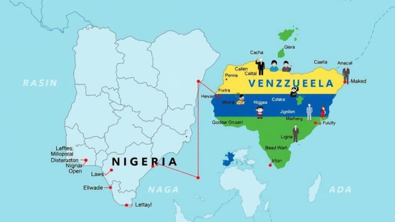 A map highlighting Nigeria and Venezuela, depicting international diplomacy and migration issues in vibrant colors.
