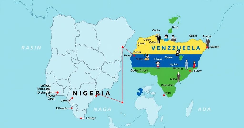 A map highlighting Nigeria and Venezuela, depicting international diplomacy and migration issues in vibrant colors.