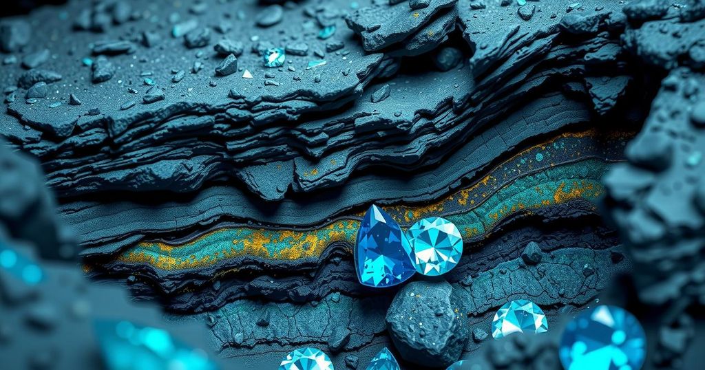 Cobalt ores and minerals in a natural landscape with blue and green hues, reflecting market dynamics and trends.
