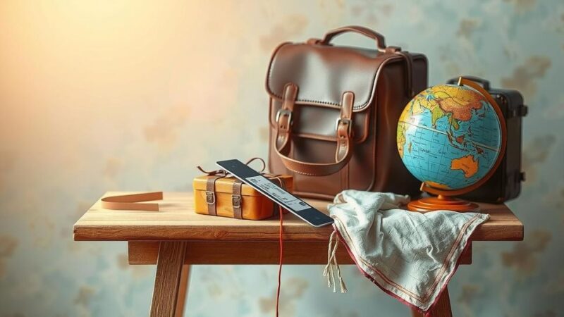 A serene scene depicting a group of travel essentials for workers, emphasizing journey and opportunity.