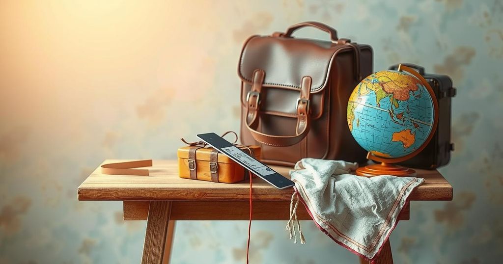 A serene scene depicting a group of travel essentials for workers, emphasizing journey and opportunity.