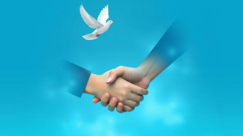 Symbolic handshake with dove in background representing peace agreement in DRC and M23 rebel movement.