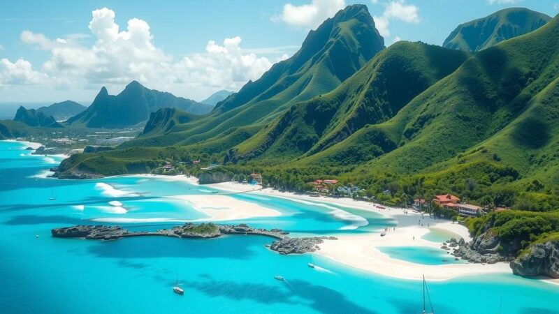 Scenic view of St. Lucia's lush landscape with beaches and mountains under a bright blue sky.