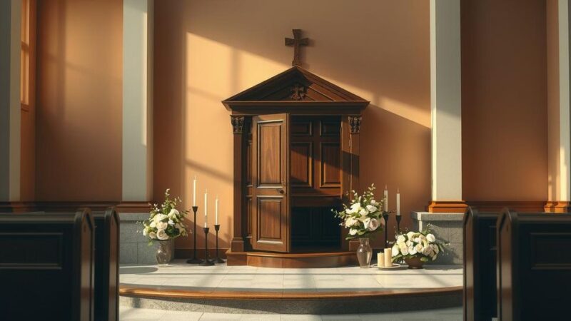 A serene chapel interior with warm light illuminating a confessional, capturing a sense of peace and spiritual reflection.