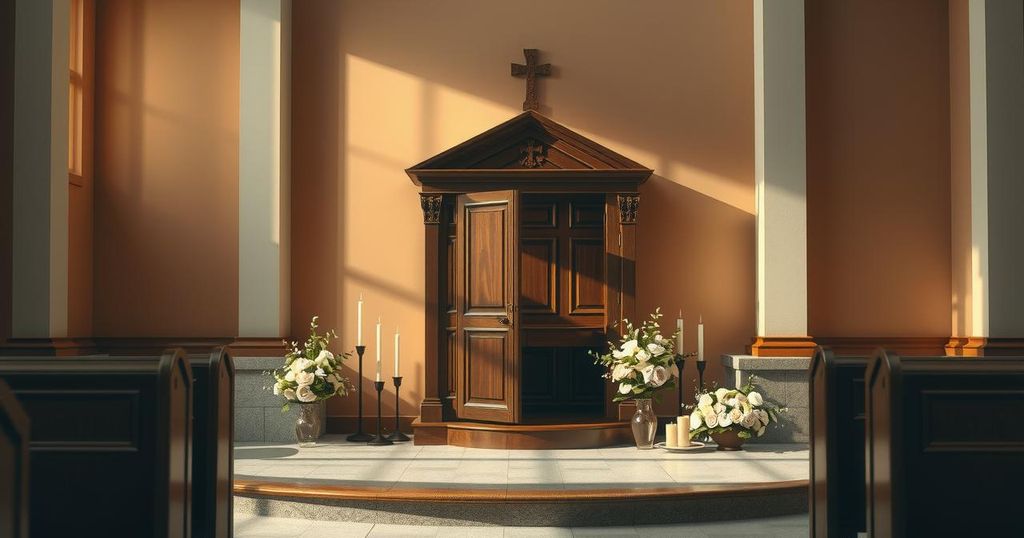 A serene chapel interior with warm light illuminating a confessional, capturing a sense of peace and spiritual reflection.