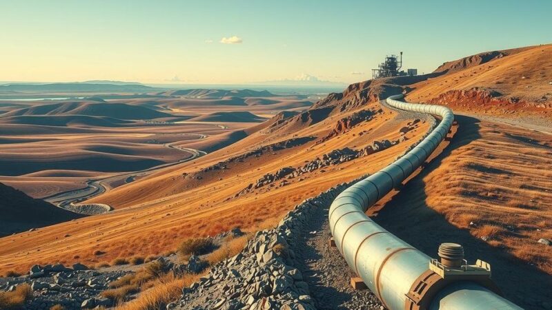 A symbolic oil pipeline extending through a rugged landscape, reflecting an industrial theme in earthy tones.