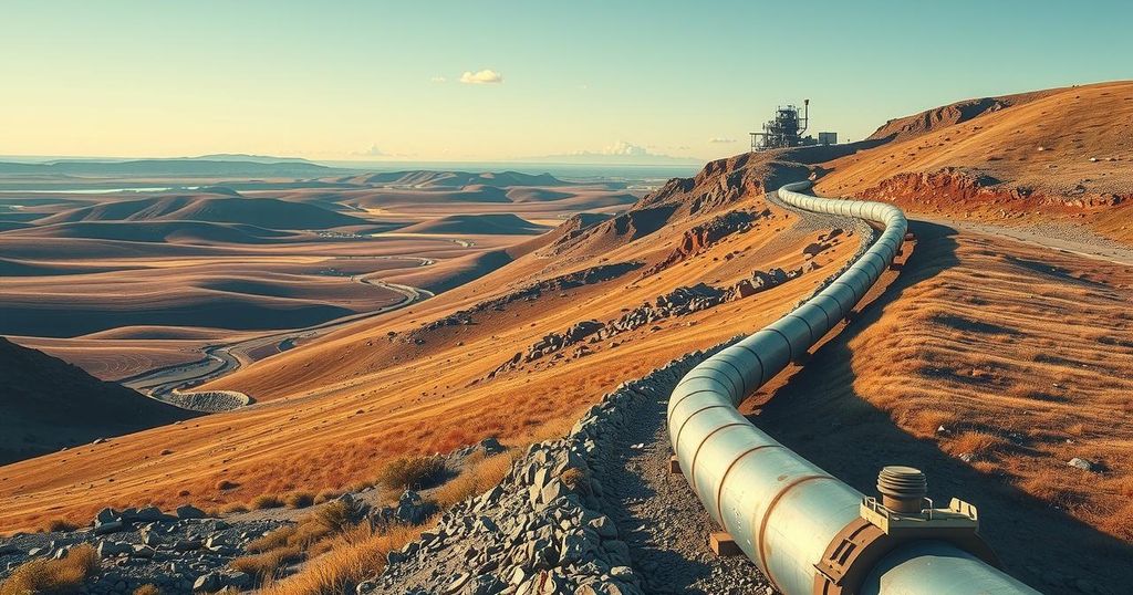 A symbolic oil pipeline extending through a rugged landscape, reflecting an industrial theme in earthy tones.