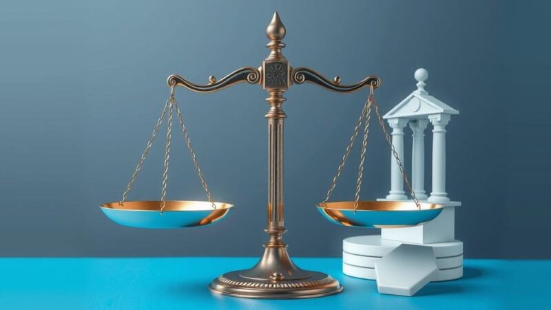A conceptual graphic symbolizing arbitration with scales and legal elements in blue and gray tones, modern style.