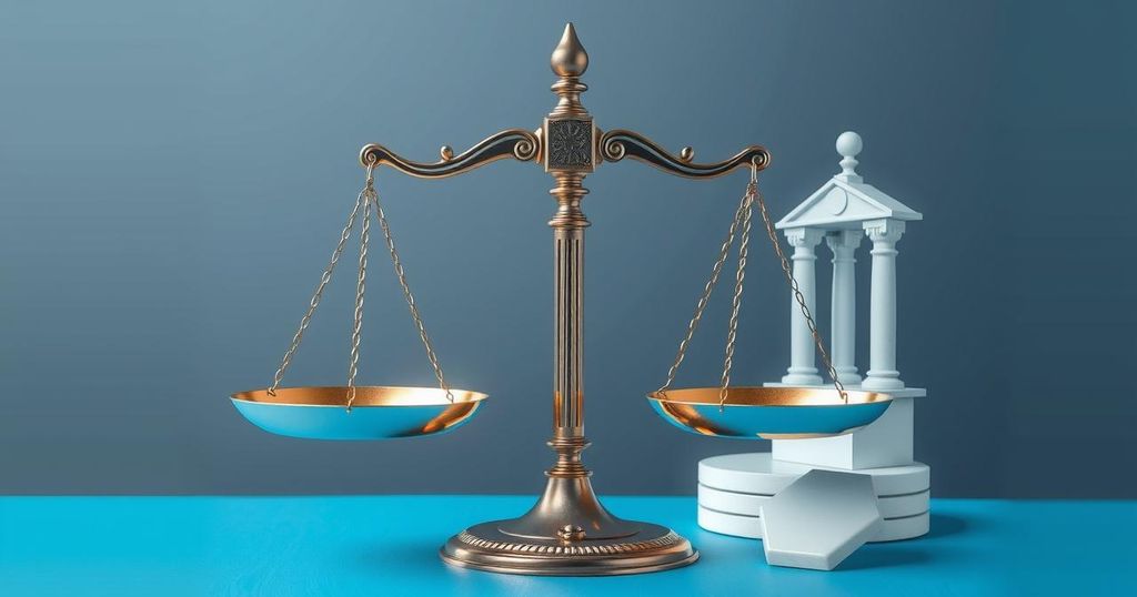 A conceptual graphic symbolizing arbitration with scales and legal elements in blue and gray tones, modern style.