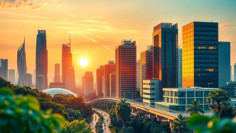 A vibrant sunrise over a modern city skyline, symbolizing growth and prosperity, with colorful hues reflecting optimism.