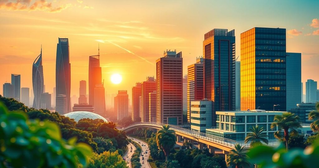 A vibrant sunrise over a modern city skyline, symbolizing growth and prosperity, with colorful hues reflecting optimism.