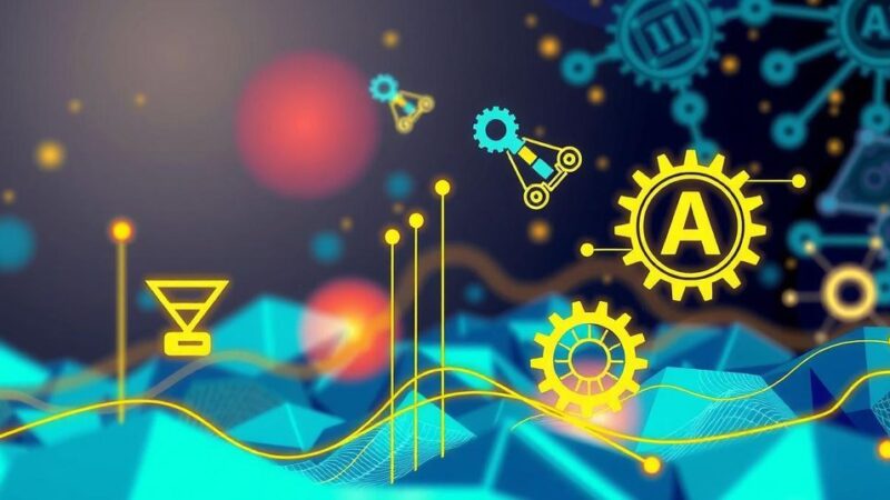 A vibrant digital landscape with abstract technology symbols representing opportunities in AI and digital jobs.