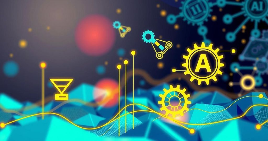 A vibrant digital landscape with abstract technology symbols representing opportunities in AI and digital jobs.