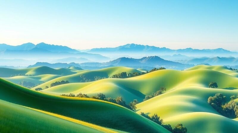 A tranquil landscape symbolizing peace, featuring lush greenery and soft clouds, in a harmonious color palette of greens and blues.