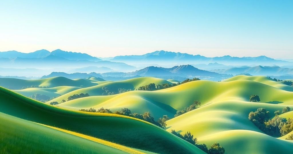 A tranquil landscape symbolizing peace, featuring lush greenery and soft clouds, in a harmonious color palette of greens and blues.
