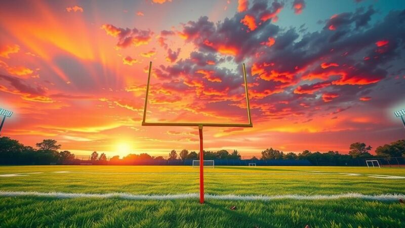 A bright rugby field scene set against a vibrant sunset, symbolizing the excitement of a match between Fiji and Wallabies.
