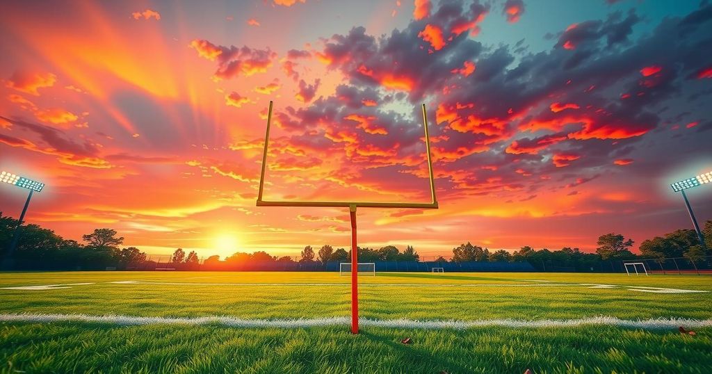 A bright rugby field scene set against a vibrant sunset, symbolizing the excitement of a match between Fiji and Wallabies.