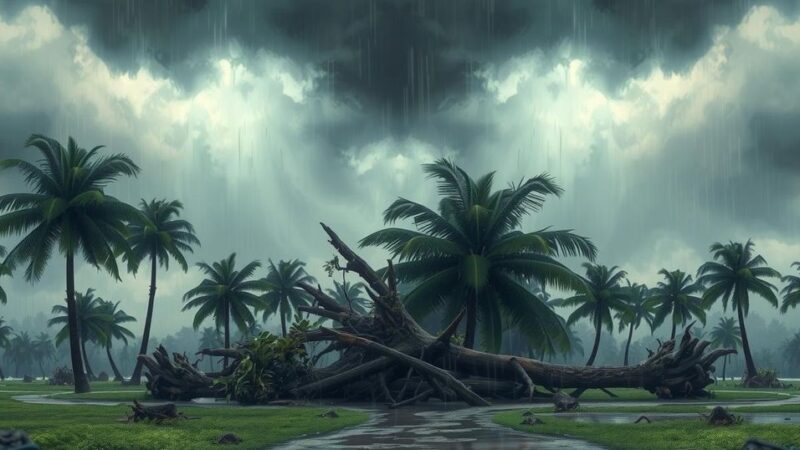 A powerful cyclone ravaging a tropical landscape with uprooted trees and damaged structures under heavy rainfall.