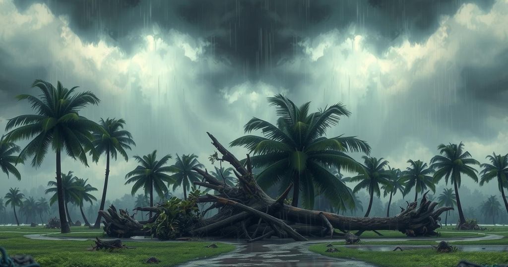 A powerful cyclone ravaging a tropical landscape with uprooted trees and damaged structures under heavy rainfall.