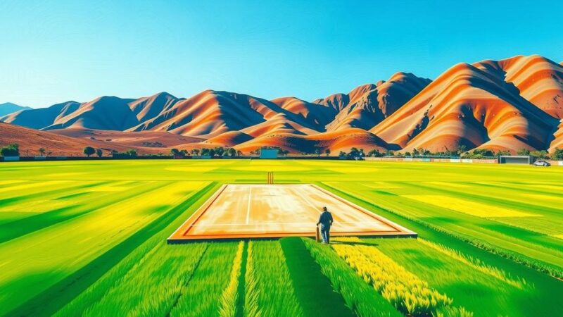 A symbolic cricket field representing India-Namibia friendship and partnership in vibrant green and blue tones.