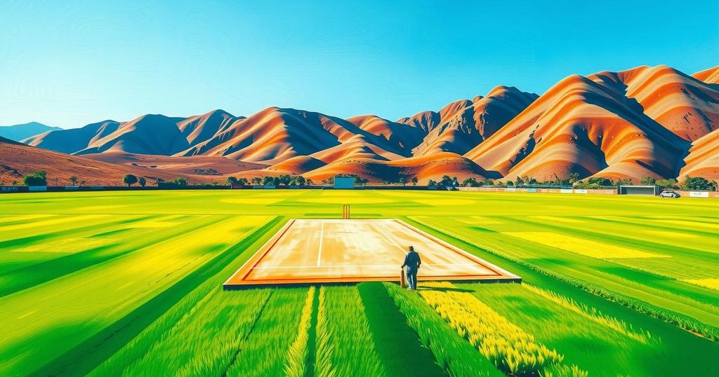 A symbolic cricket field representing India-Namibia friendship and partnership in vibrant green and blue tones.