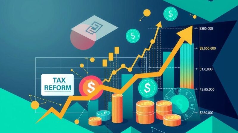Conceptual artwork depicting financial growth with charts, tax reforms, and abstract currency symbols in vibrant colors.