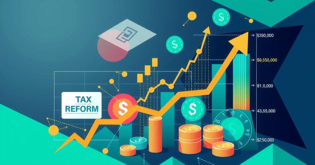 Conceptual artwork depicting financial growth with charts, tax reforms, and abstract currency symbols in vibrant colors.