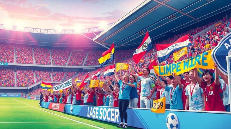 A vibrant stadium scene with colorful banners and cheering fans celebrating women's soccer in a lively atmosphere.