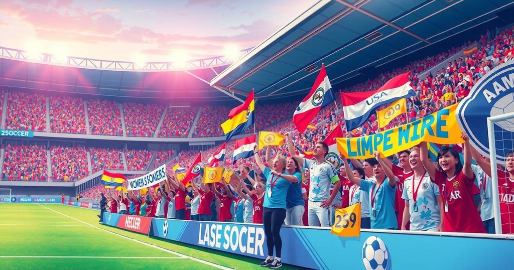 A vibrant stadium scene with colorful banners and cheering fans celebrating women's soccer in a lively atmosphere.