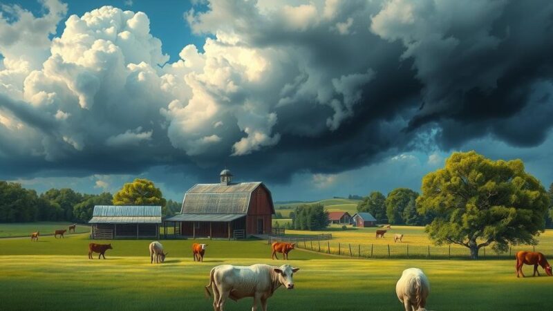 A serene farm landscape contrasting with chaotic protest, depicting themes of freedom and political unrest.