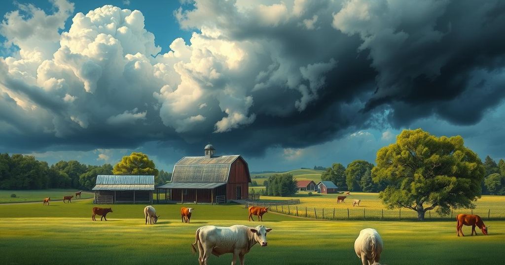 A serene farm landscape contrasting with chaotic protest, depicting themes of freedom and political unrest.