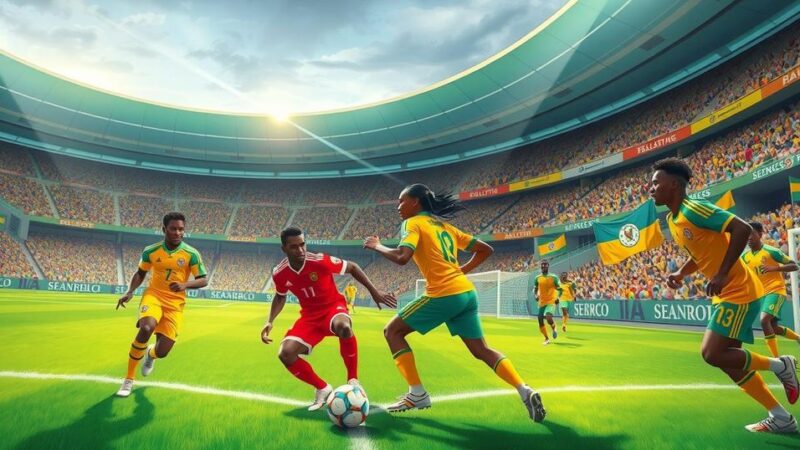 Ghana vs Mali WAFCON 2024 match scene, players on the field, vibrant stadium atmosphere, soccer action capture
