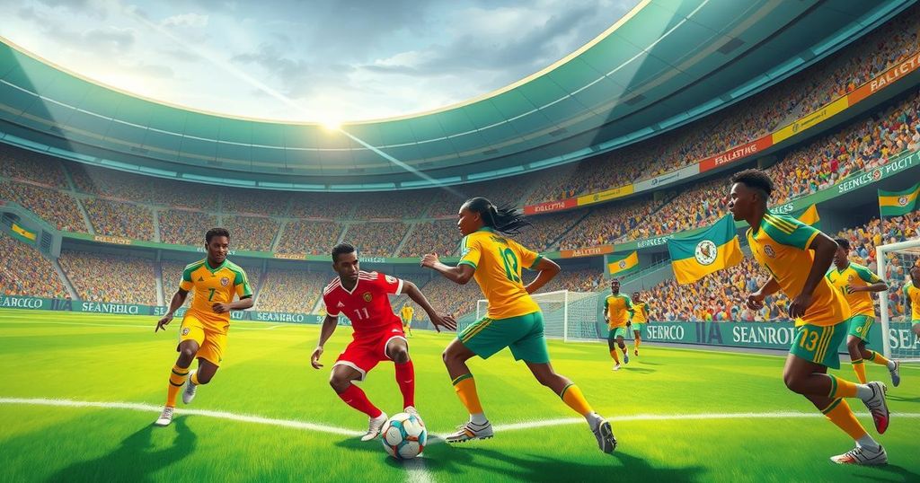 Ghana vs Mali WAFCON 2024 match scene, players on the field, vibrant stadium atmosphere, soccer action capture
