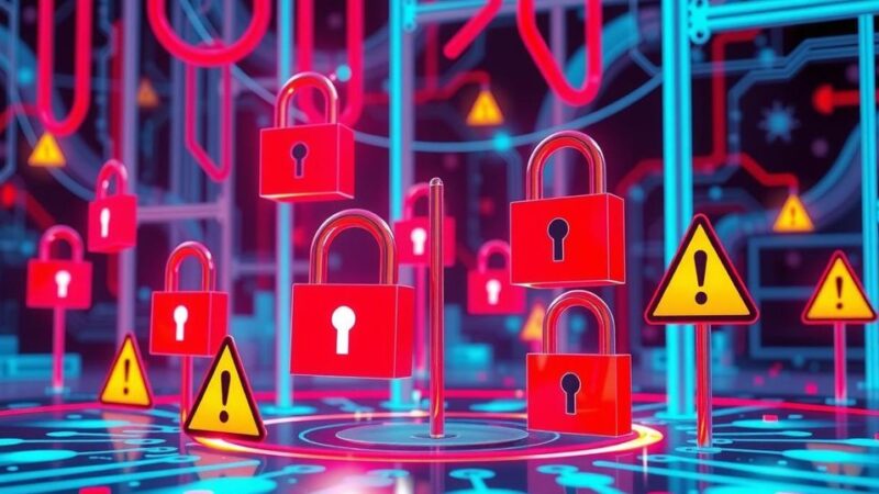 A digital landscape representing cybersecurity with symbols like locks and caution signs in vibrant colors.
