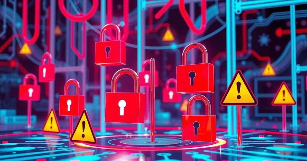 A digital landscape representing cybersecurity with symbols like locks and caution signs in vibrant colors.