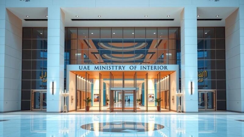 A view of the UAE Ministry of Interior showcasing modern architecture and a welcoming entrance without people.
