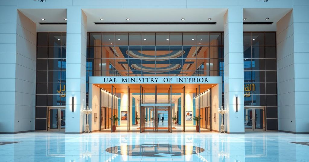 A view of the UAE Ministry of Interior showcasing modern architecture and a welcoming entrance without people.
