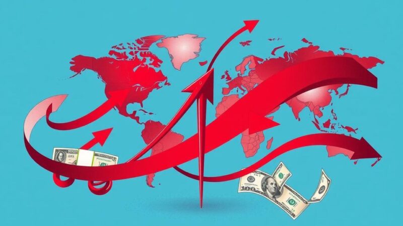 An abstract representation of international trade tariffs with symbolic icons and shades of blue and red.