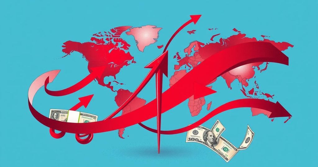 An abstract representation of international trade tariffs with symbolic icons and shades of blue and red.