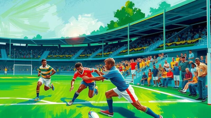 Vivid scene of a rugby tournament at Racecourse Stadium, Sri Lanka, showcasing vibrant colors and dynamic action.