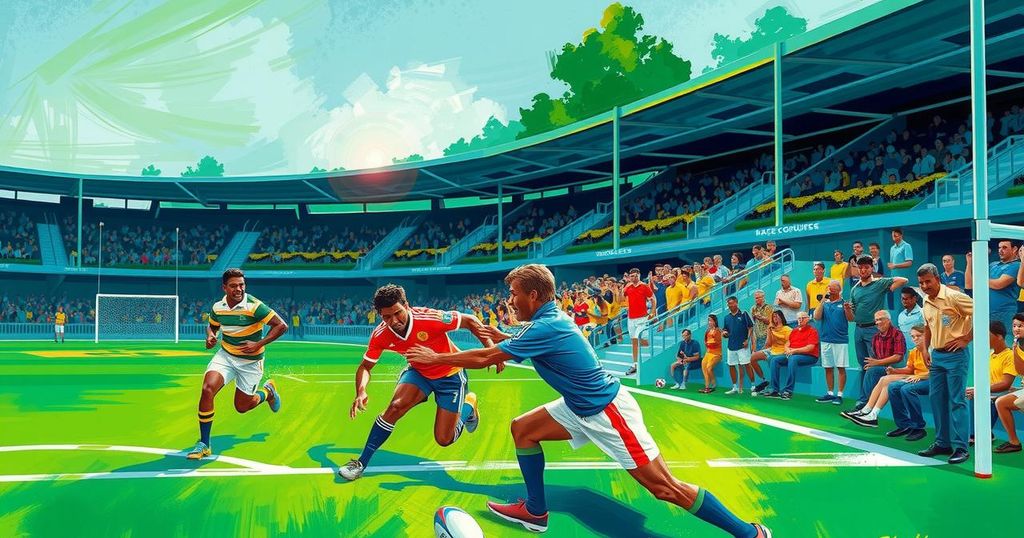 Vivid scene of a rugby tournament at Racecourse Stadium, Sri Lanka, showcasing vibrant colors and dynamic action.