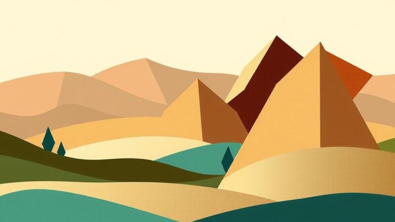 Abstract representation of peace negotiations amidst conflict, with geometric shapes and earth tones symbolizing diplomacy.