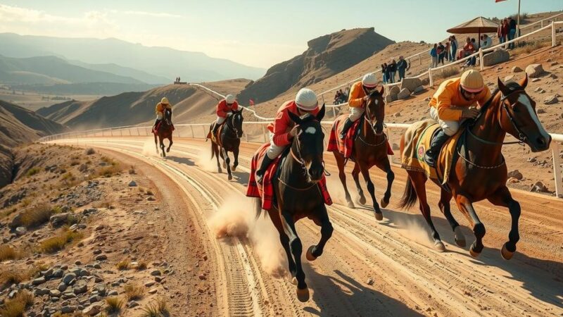 Jockeys in colorful blankets race horses on a dusty mountainous track in Lesotho, surrounded by cheering spectators.