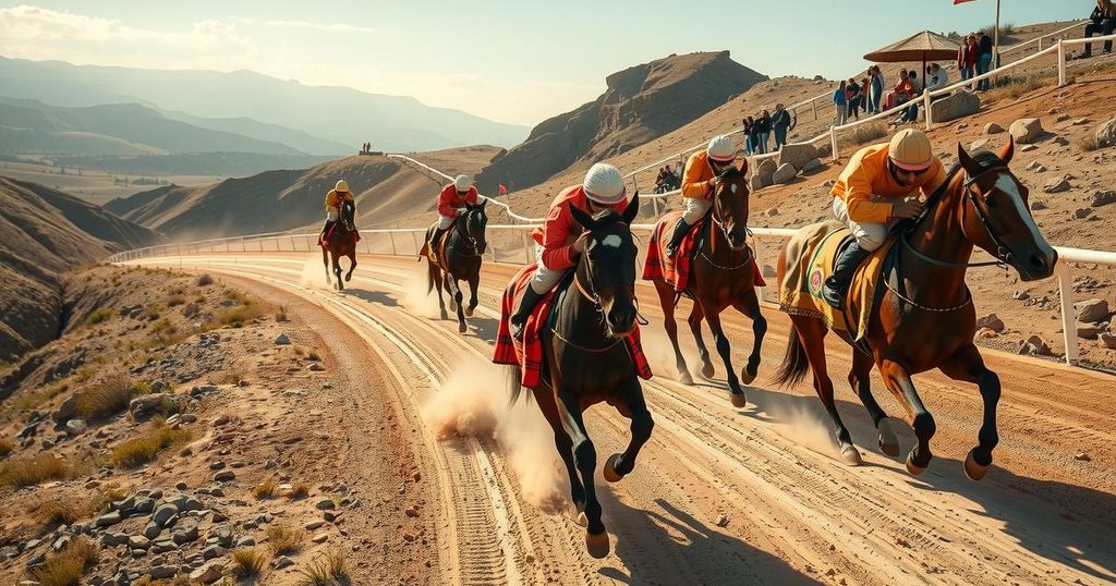 Jockeys in colorful blankets race horses on a dusty mountainous track in Lesotho, surrounded by cheering spectators.
