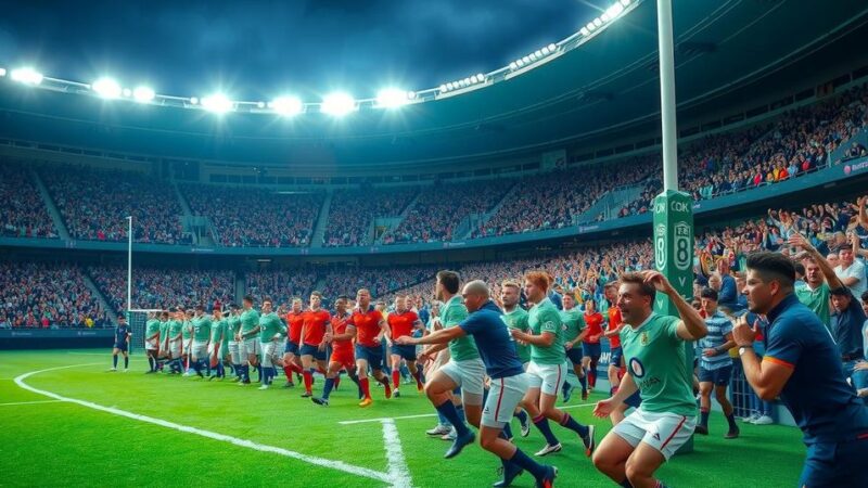 High energy rugby scene with vibrant colors, showcasing a stadium filled with excitement for a match.
