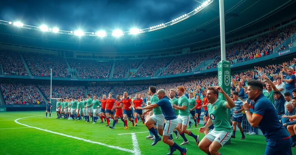 High energy rugby scene with vibrant colors, showcasing a stadium filled with excitement for a match.
