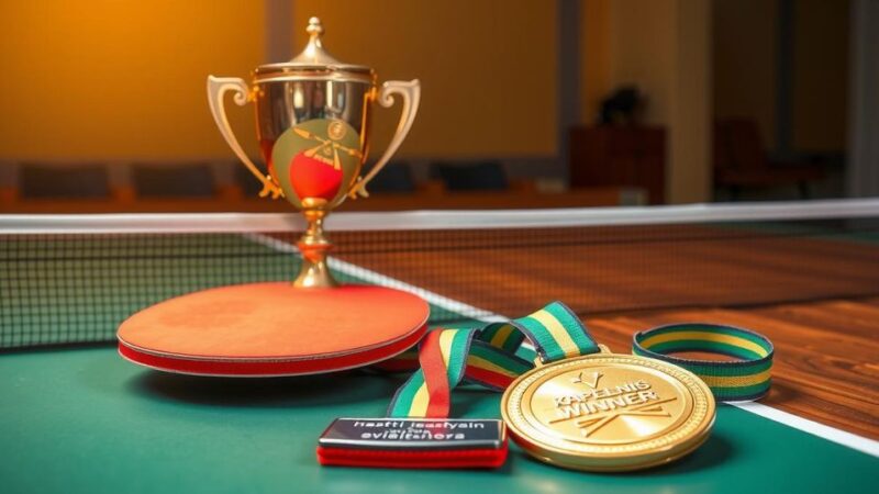 Gold trophy with table tennis paddles and a winner's medal on a wooden table, symbolizing success and teamwork.