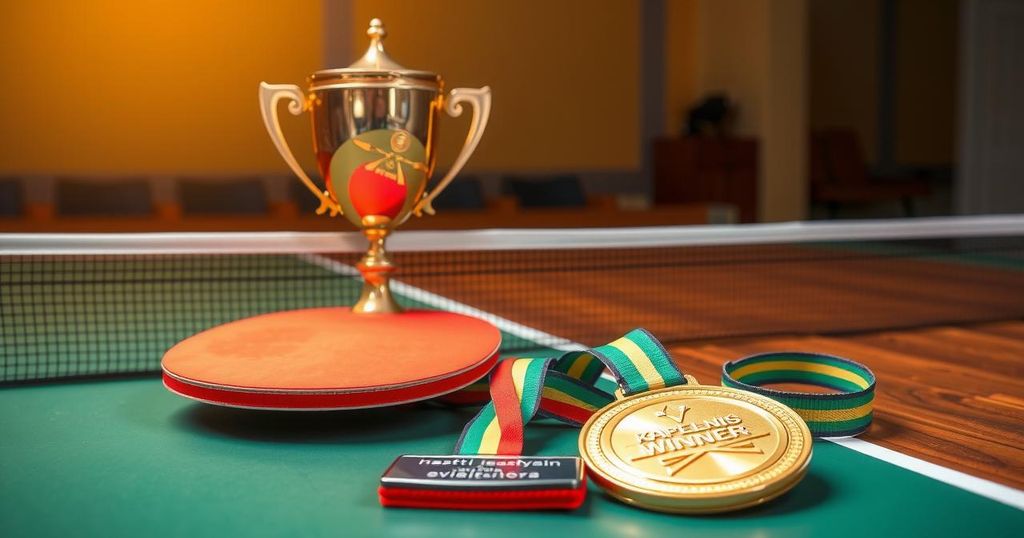 Gold trophy with table tennis paddles and a winner's medal on a wooden table, symbolizing success and teamwork.