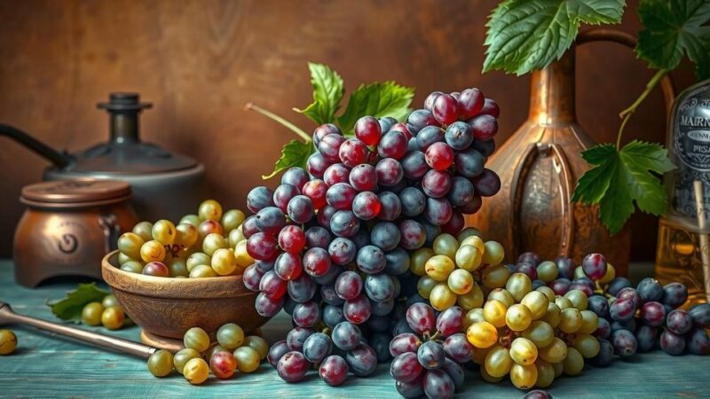 Colorful grapes and distillery equipment representing the premium Pisco spirit from Peru and Chile.